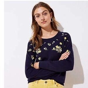 LOFT Navy Blue Embroidered Floral Sweater Women's Size Large Cottagecore Boho